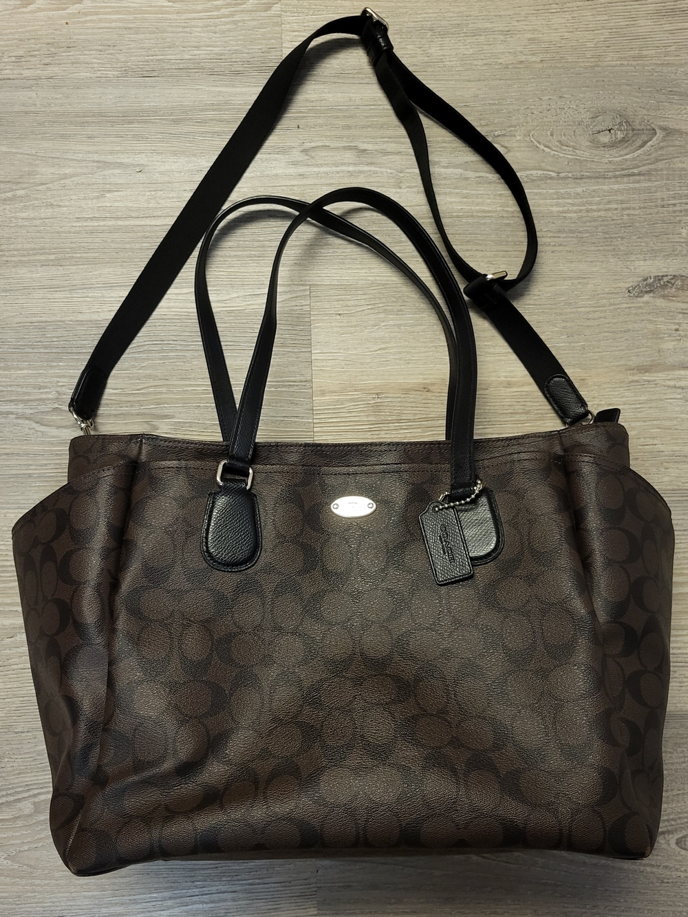 Coach Large Brown Signature Tote/Baby Bag with Black Handles and Strap